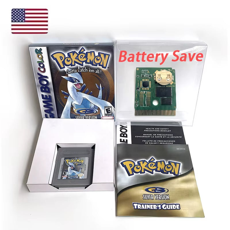 Battery save Cart Pokemon Crystal Gold Blue Green Red Silver Yellow Inner Tray Option Game Cartridge Manual in Box for GBC