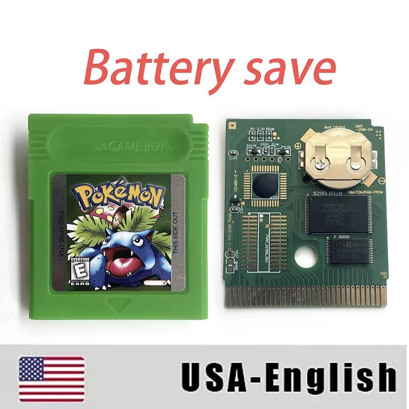 Battery save Cart Pokemon Crystal Gold Blue Green Red Silver Yellow Inner Tray Option Game Cartridge Manual in Box for GBC