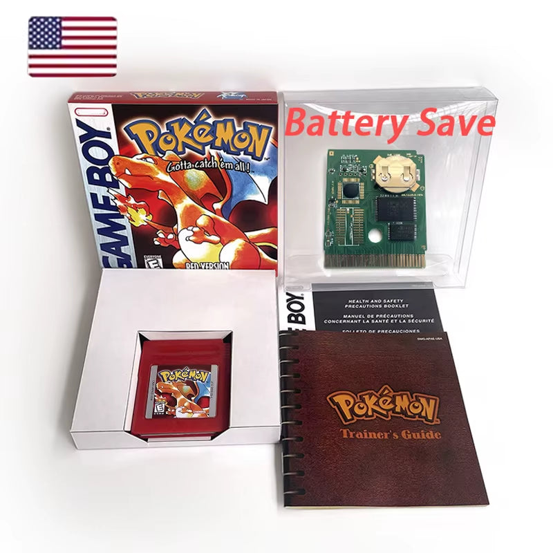 Battery save Cart Pokemon Crystal Gold Blue Green Red Silver Yellow Inner Tray Option Game Cartridge Manual in Box for GBC