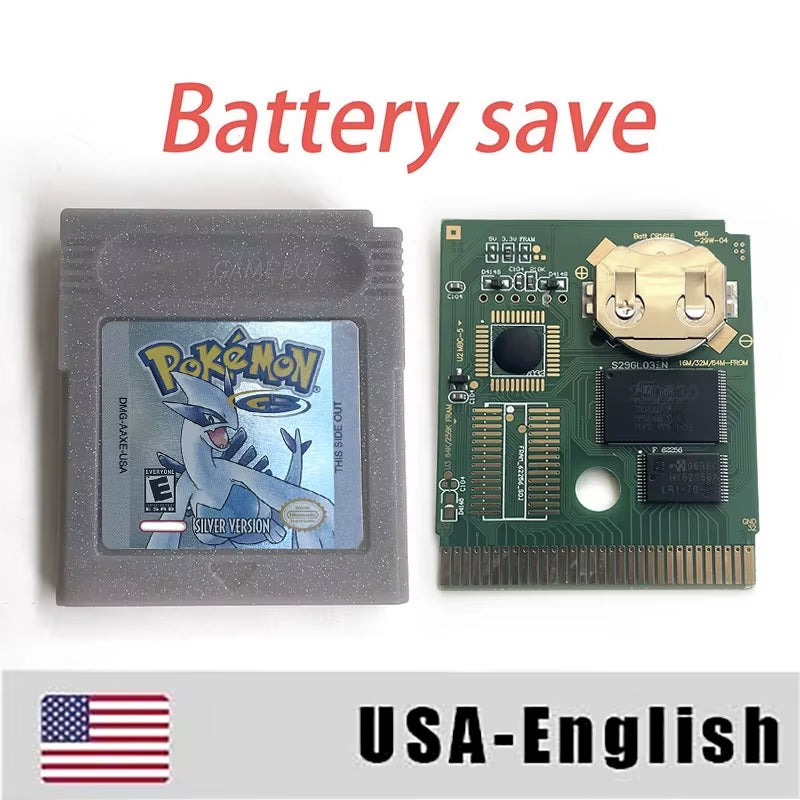 Battery save Cart Pokemon Crystal Gold Blue Green Red Silver Yellow Inner Tray Option Game Cartridge Manual in Box for GBC