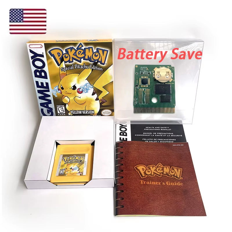 Battery save Cart Pokemon Crystal Gold Blue Green Red Silver Yellow Inner Tray Option Game Cartridge Manual in Box for GBC