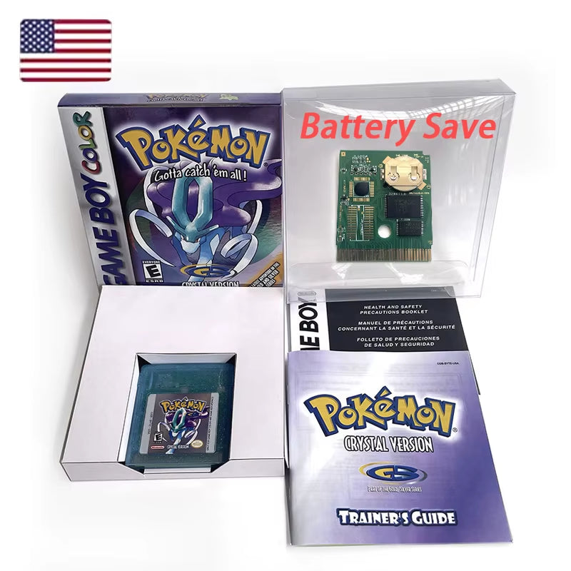 Battery save Cart Pokemon Crystal Gold Blue Green Red Silver Yellow Inner Tray Option Game Cartridge Manual in Box for GBC