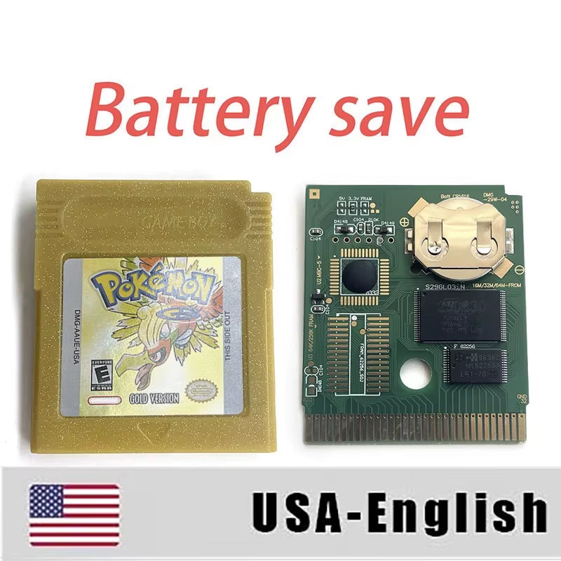 Battery save Cart Pokemon Crystal Gold Blue Green Red Silver Yellow Inner Tray Option Game Cartridge Manual in Box for GBC
