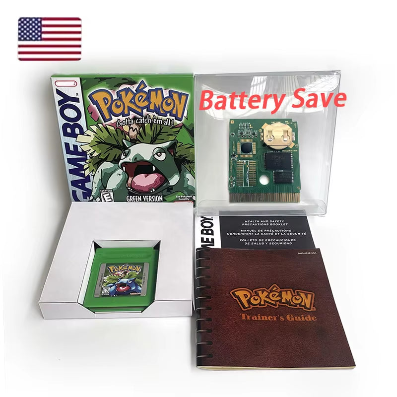 Battery save Cart Pokemon Crystal Gold Blue Green Red Silver Yellow Inner Tray Option Game Cartridge Manual in Box for GBC