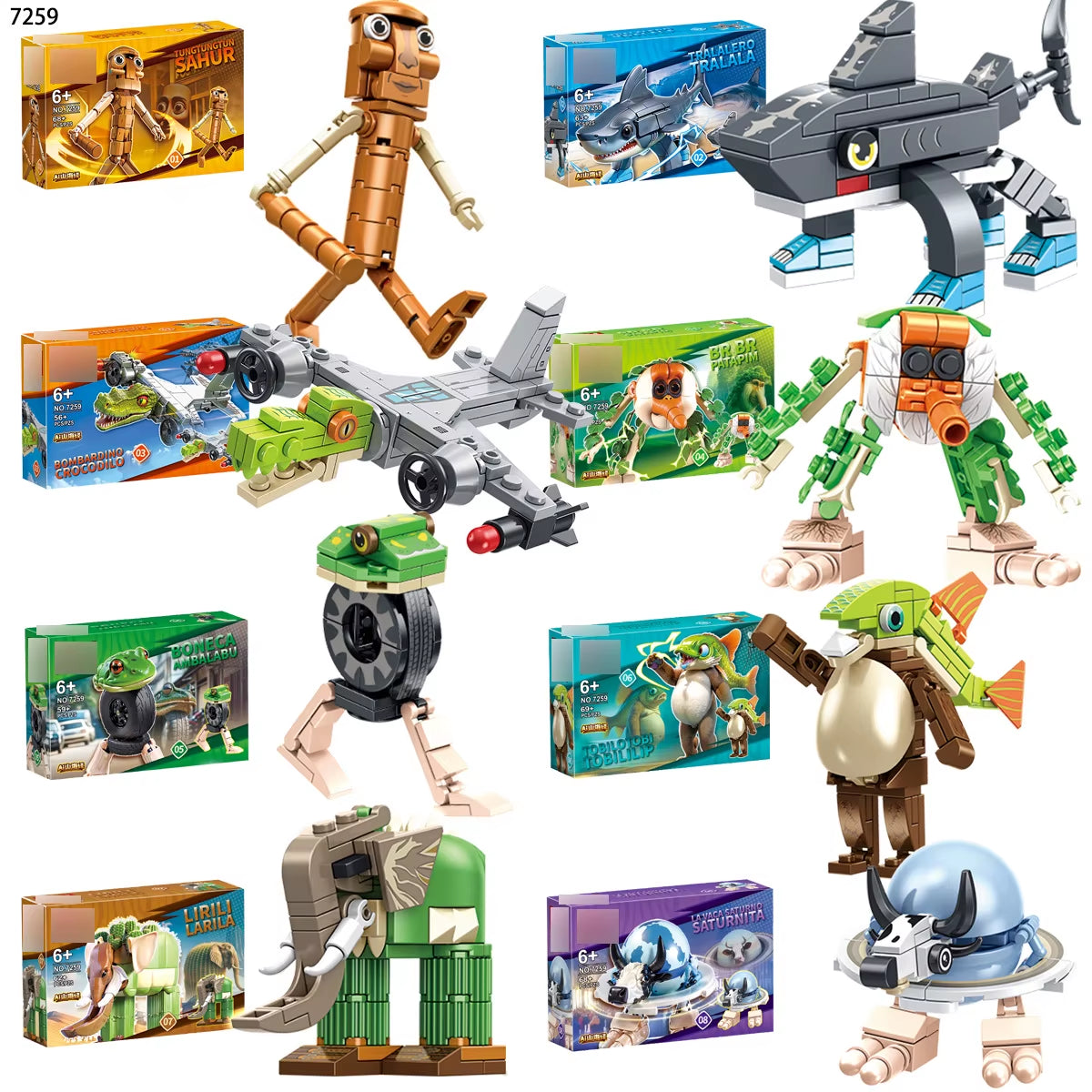 Italian Brainrot Animals Tung Tung Tung Sahur Building Blocks Tralalelo Tralala Shark Brickstoy Gift for Children Kids Blind Box
