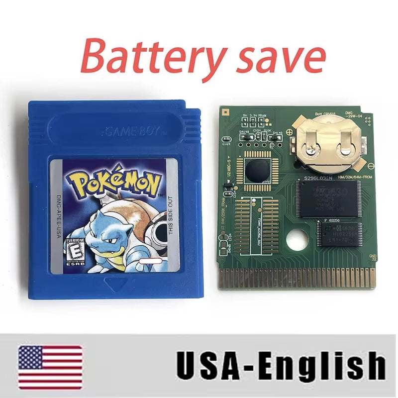 Battery save Cart Pokemon Crystal Gold Blue Green Red Silver Yellow Inner Tray Option Game Cartridge Manual in Box for GBC