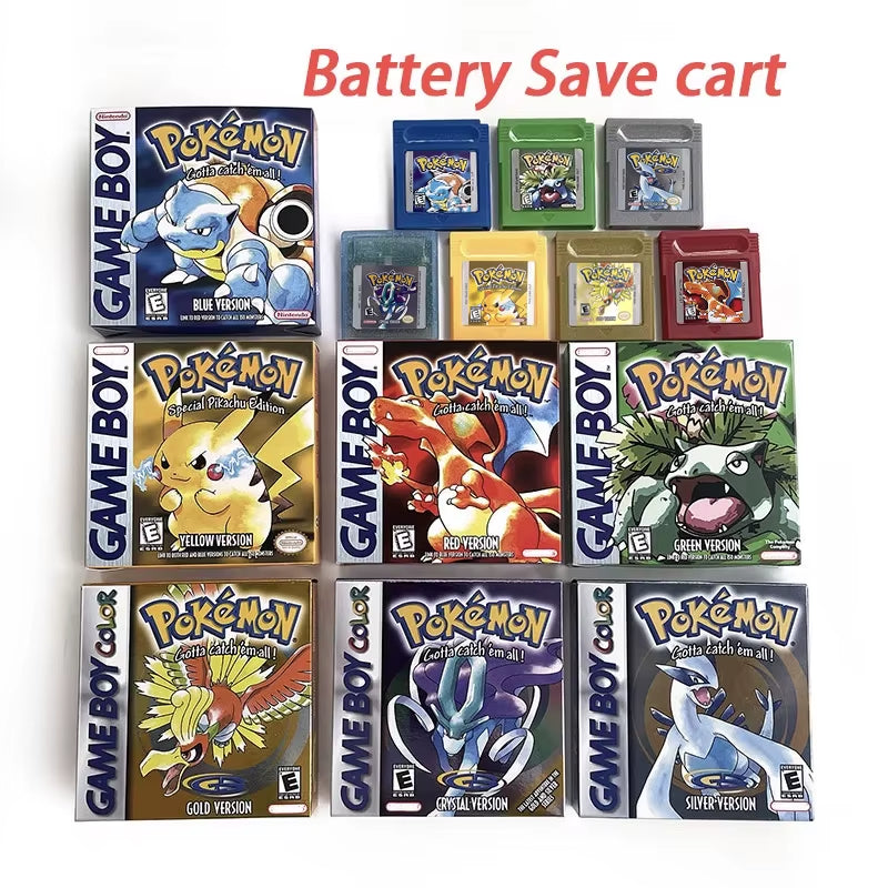 Battery save Cart Pokemon Crystal Gold Blue Green Red Silver Yellow Inner Tray Option Game Cartridge Manual in Box for GBC