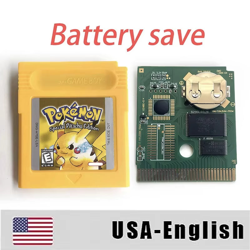 Battery save Cart Pokemon Crystal Gold Blue Green Red Silver Yellow Inner Tray Option Game Cartridge Manual in Box for GBC