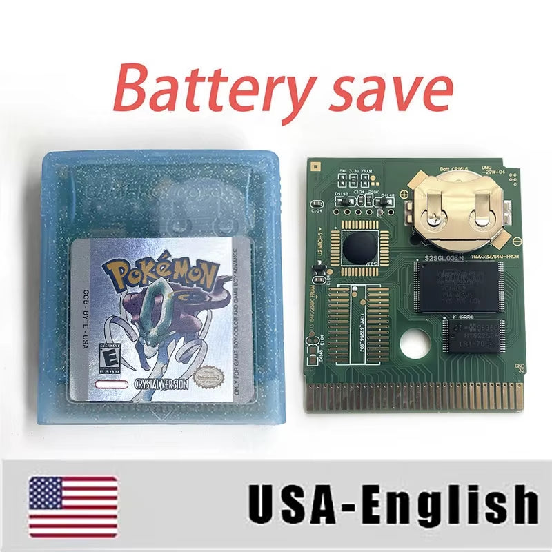 Battery save Cart Pokemon Crystal Gold Blue Green Red Silver Yellow Inner Tray Option Game Cartridge Manual in Box for GBC