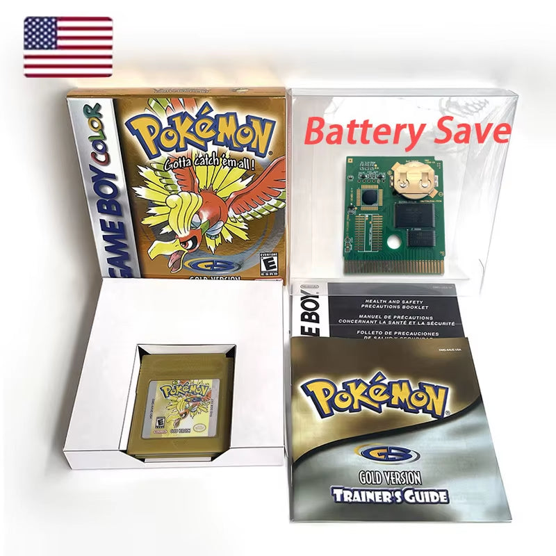 Battery save Cart Pokemon Crystal Gold Blue Green Red Silver Yellow Inner Tray Option Game Cartridge Manual in Box for GBC