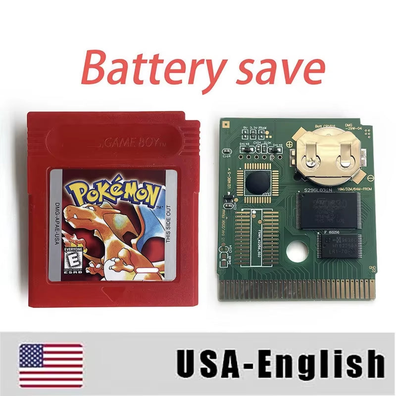 Battery save Cart Pokemon Crystal Gold Blue Green Red Silver Yellow Inner Tray Option Game Cartridge Manual in Box for GBC